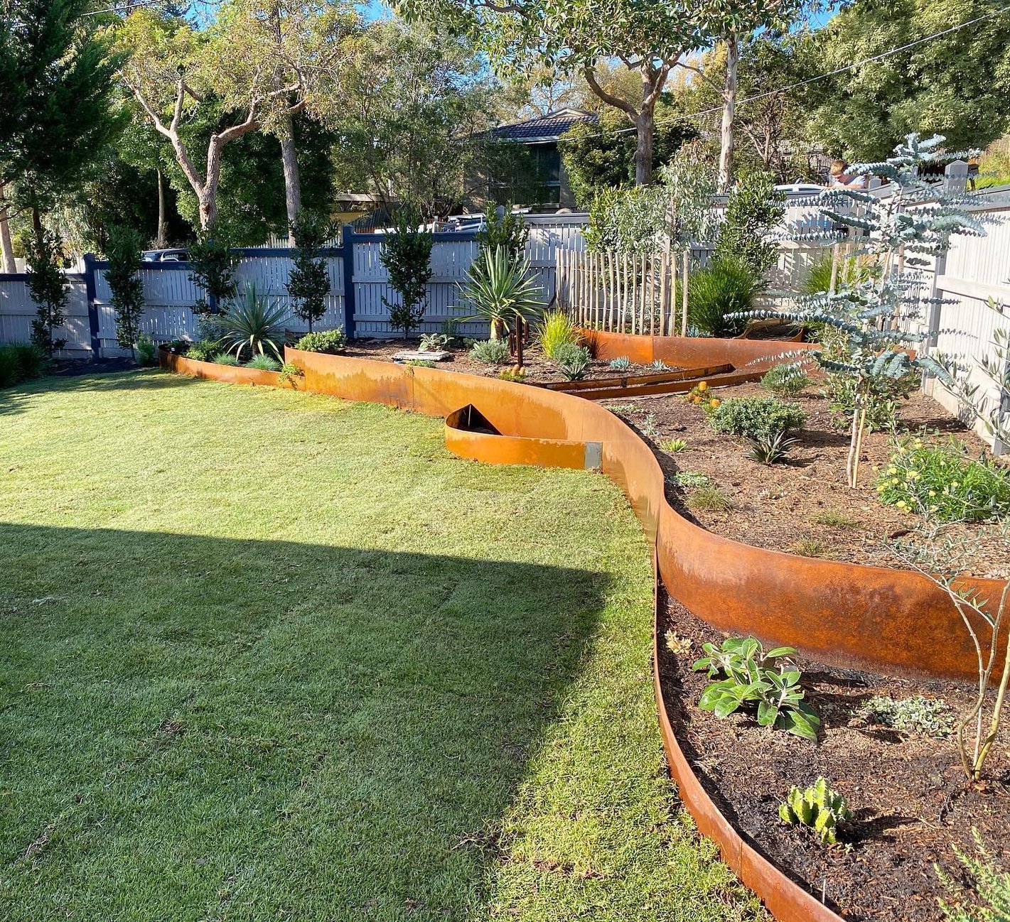 grassy yard with a tiered garden with rusted steel garden edging 